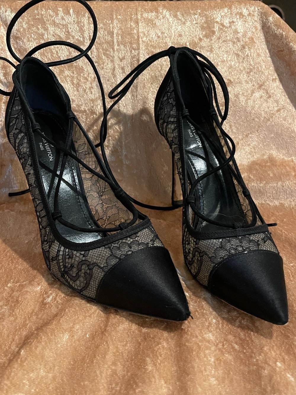 Louis Vuitton Black Lace Pointed-Toe Lace-Up Stilettos
